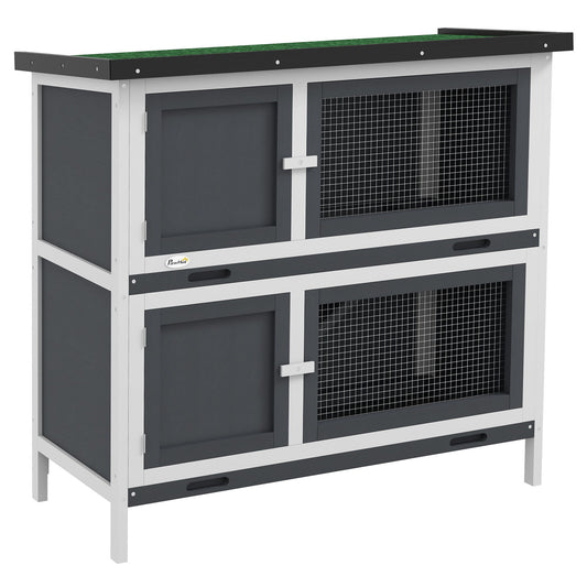 Pawhut Double Decker Rabbit Hutch Bunny Cage Pet House Outdoor W/ Tray, Grey